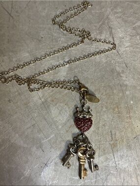 Guess Gold-Tone Necklace with Red Crystal Heart and Key Charms